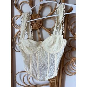 Illa Illa Cream Floral Lace Corset Top Eyelet Trim Bustier Tank Medium Ivory